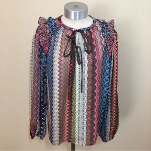 Ciebon flutter shoulder long ballon sleeve blouse zigzag psychedelic trippy